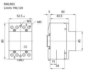 Contactor trifazic ETI R63-40 230V - Dimensiuni