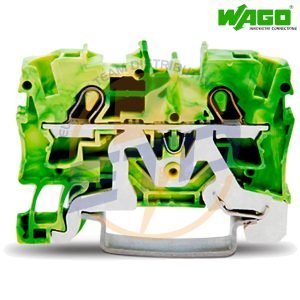 Clema sir de trecere cu 2 conductori 4 mmp push-in si contact sina DIN WAGO 2004-1207 Verde galben