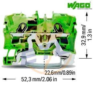Clema sir de trecere cu 2 conductori 4 mmp push-in si contact sina DIN WAGO 2004-1207 Verde galben - dimensiuni