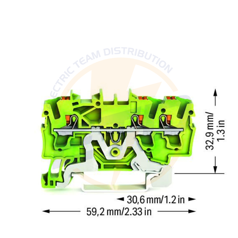 Clema sir de trecere cu 3 coductori 2,5 mmp, buton si contact sina DIN, WAGO 2202-1307 Verde galben (2)