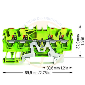 Clema sir de trecere cu 4 coductori 2,5 mmp, buton si contact sina DIN, WAGO 2202-1407 Verde galben
