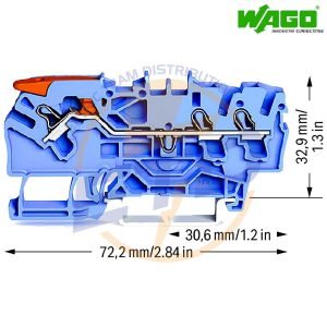 Clema sir de trecere cu 3 conductori 2,5 mmp, levier si push-in WAGO 2102-1304 Albastra - dimensiuni