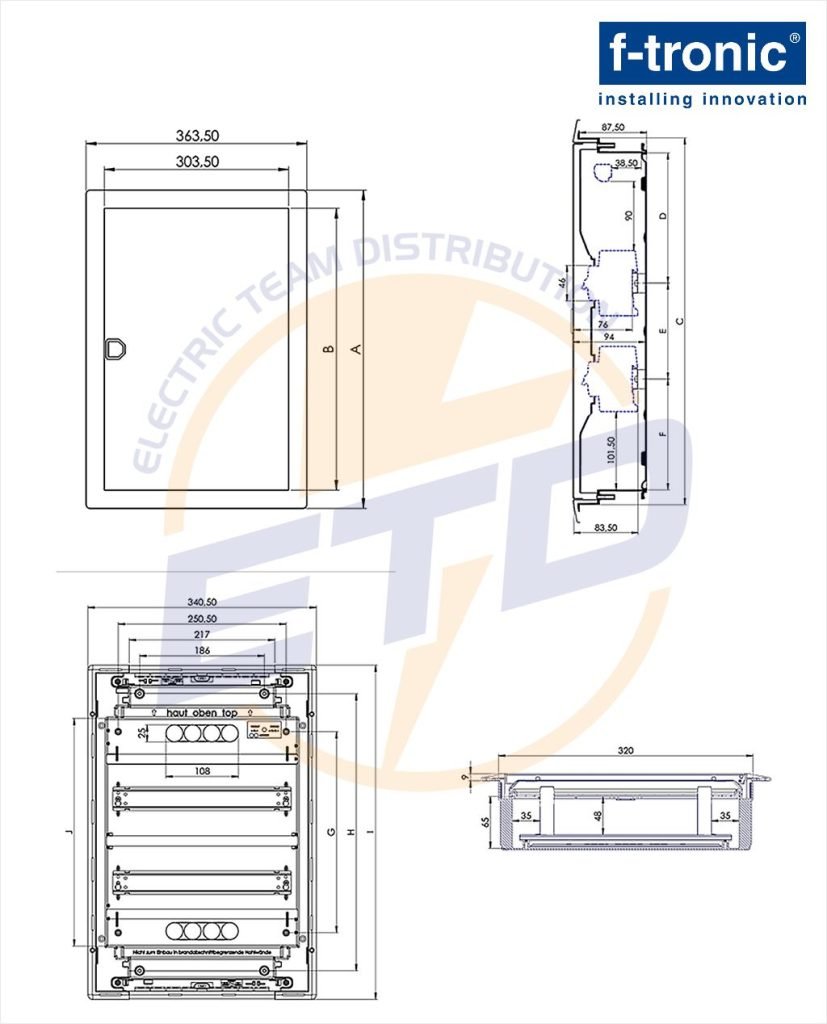 Tablou electric incastrat 12 module F-Tronic JUMBO 12+2 - Dimensiuni