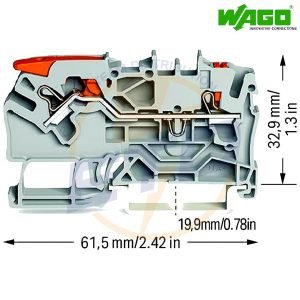 Clema sir de trecere cu 2 conductori 2,5 mmp, levier si buton WAGO 2102-5201 Gri - dimensiuni