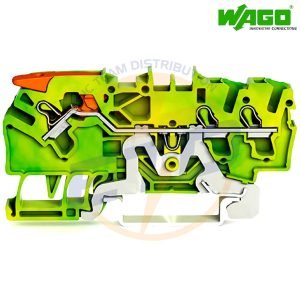 Clema sir de trecere cu 3 conductori 2,5 mmp levier push-in si contact sina DIN WAGO 2102-1307 Verde Galben