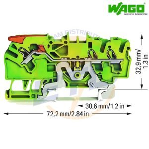 Clema sir de trecere cu 3 conductori 2,5 mmp levier push-in si contact sina DIN WAGO 2102-1307 Verde Galben - dimensiuni