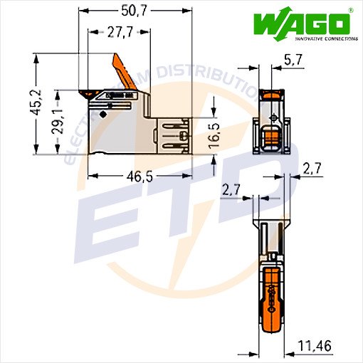 Conector cu 1 pol pentru conductor de 16 mmp WAGO 832-1201-011-000 Tata - Dimensiuni