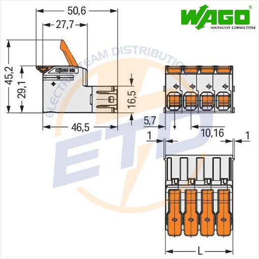 Conector cu 5 poli ordonati pentru conductor 16 mmp WAGO 832-1205 Tata - Dimensiuni
