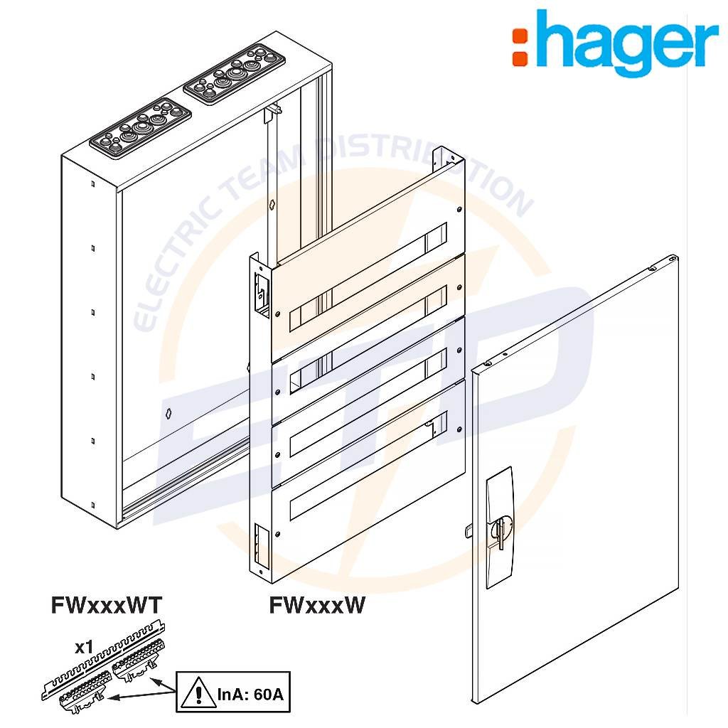 Tablou metalic aparent 72 module 3x24 cu plastroane HAGER FW324W - detaliere Tablou metalic aparent 72 module 3x24 cu plastroane HAGER FW324W - detaliere