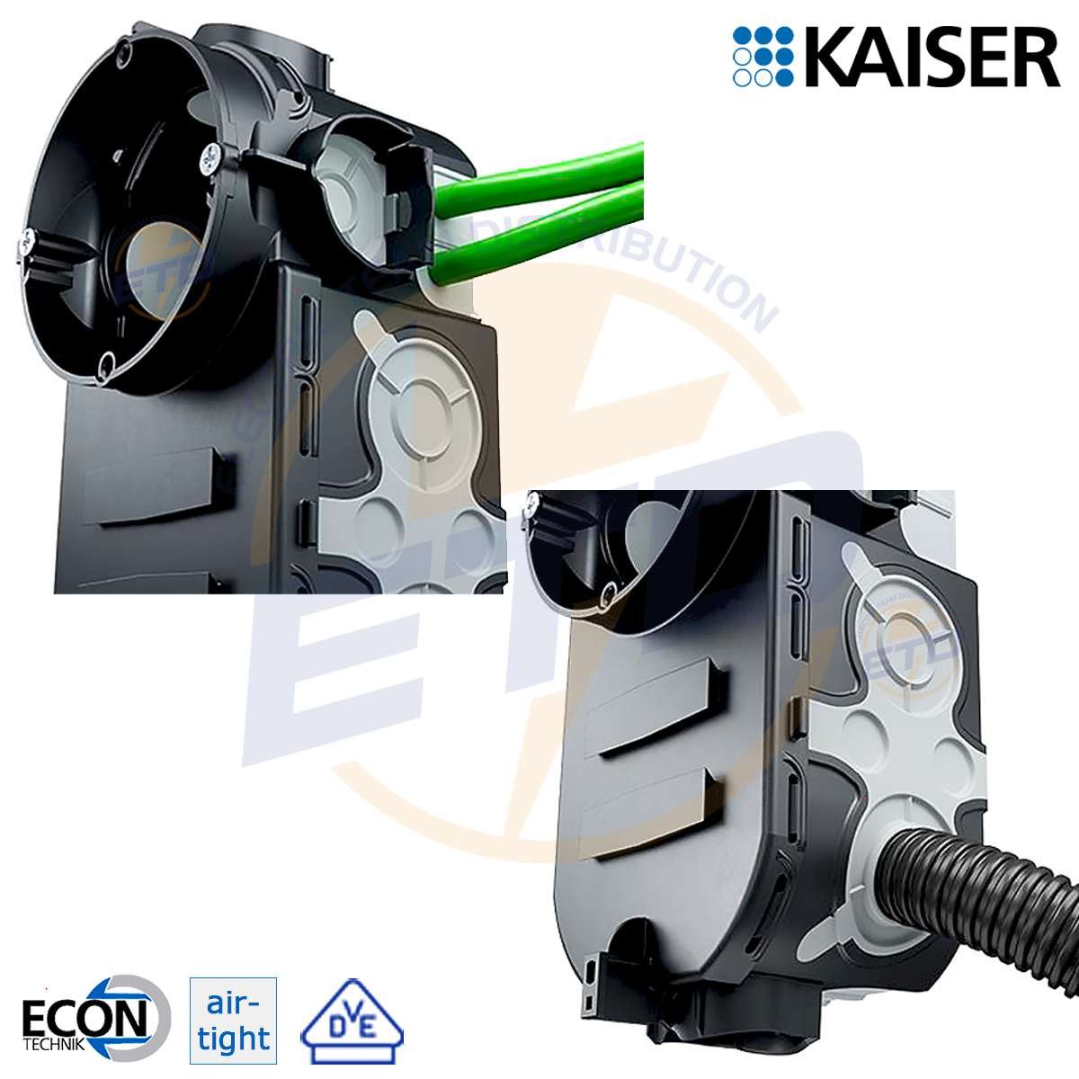 Doza de aparat cu buzunar, etansa, sub tencuiala - Kaiser ECON 1068-21, D60mm A68mm - intrari pentru cabluri si tevi